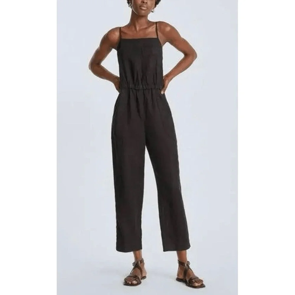 EVERLANE The Linen Shoestring Jumpsuit Women Small Black Apron Neck Sleeveless